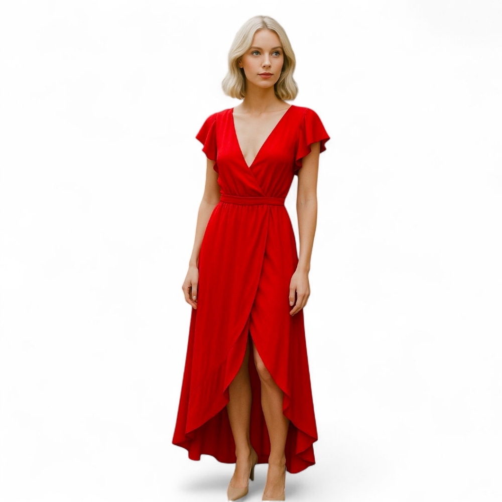 Romeo & Juliette Red Maxi Dress – Deep‎ V, Open Back, Flutter Sleeves – S